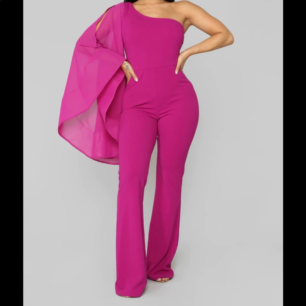 Fashion Nova Fuschia/Magenta one shoulder Jumpsuit